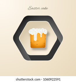 Vector isolated hexagonal icon of Easter Cake with glaze and shadow on the gradient beige background with text.
