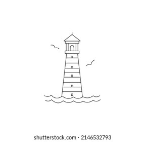 Vector isolated high striped lighthouse tower in the water colorless black   white contour line drawing 