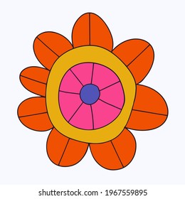 vector isolated hippie flower chamomile. A rainbow plant in the hippie style of the 60s and 70s. An element for a botanical pattern. Psychedelic wildflower bud.summer sticker.Childish hand drawn style