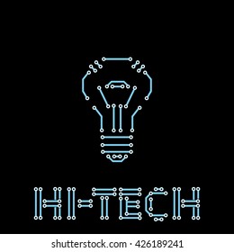 Vector isolated hi-tech idea illustration - lightbulb shape in circuit board pattern elements. Computer innovation and future technologies idea concept. Signature "hi-tech" circuit pattern font letter