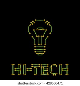 Vector isolated hi-tech illustration - lightbulb shape in circuit board pattern elements. Computer technology idea concept.