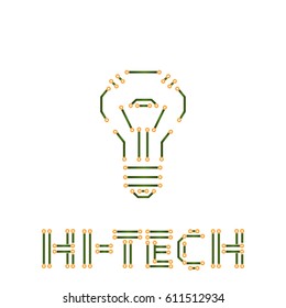 Vector isolated hi-tech illustration - lightbulb shape in circuit board pattern elements. Computer technology idea concept.