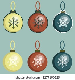 Vector isolated holiday decoration balls with snowflakes on it with shadows and glittering