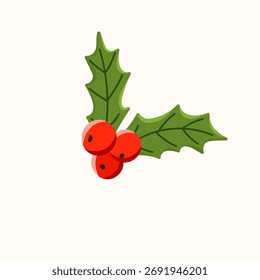 Vector aislado hojas de acebo y bayas rojas. Diseño botánico de Navidades festivas. Perfecto para tarjetas de felicitación, papel de regalo, diseño de temporada.