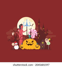 Vector isolated horror night illustration. Spooky mansion scene with big moon, mumy, vampire, grim reaper, devil. Red background. Scary Samhain party invitation or card design.