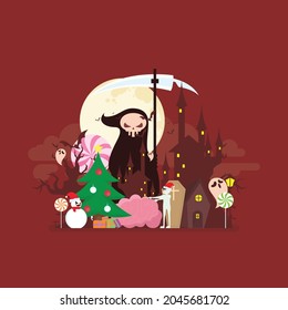 Vector isolated horror night illustration. Spooky mansion scene with big moon, mumy, vampire, grim reaper, devil. Red background. Scary Samhain party invitation or card design.
