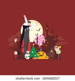 Vector isolated horror night illustration. Spooky mansion scene with big moon, mumy, vampire, grim reaper, devil. Red background. Scary Samhain party invitation or card design.