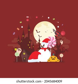 Vector isolated horror night illustration. Spooky mansion scene with big moon, mumy, vampire, grim reaper, devil. Red background. Scary Samhain party invitation or card design.
