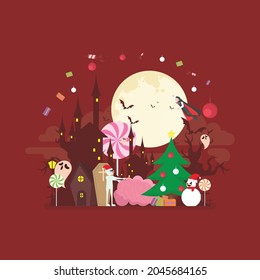 Vector isolated horror night illustration. Spooky mansion scene with big moon, mumy, vampire, grim reaper, devil. Red background. Scary Samhain party invitation or card design.