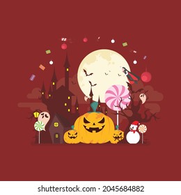 Vector isolated horror night illustration. Spooky mansion scene with big moon, mumy, vampire, grim reaper, devil. Red background. Scary Samhain party invitation or card design.