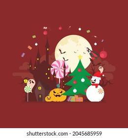 Vector isolated horror night illustration. Spooky mansion scene with big moon, mumy, vampire, grim reaper, devil. Red background. Scary Samhain party invitation or card design.