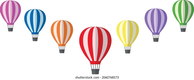 Vector Isolated Hot Air Balloons Design Elements. Colorful hot air balloons Objects. Clean Environment and Transportation Concept. Colorful Flying Balloons. Rainbow Colors Balloons. 