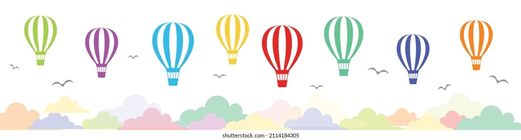 Vector Isolated Hot Air Balloons Design Elements. Colorful hot air balloons Objects. Clean Environment and Transportation Concept. Colorful Flying Balloons. Rainbow Colors Balloons. 
