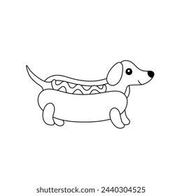 Vector isolated hot dog dachshund funny joke colorless black and white contour line easy drawing