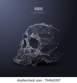 Vector isolated human skull low poly from metall wireframe and points. Polygonal 3D white brainpan on dark background. Medicine concept with geometry triangle. Abstract mash line and point origami.