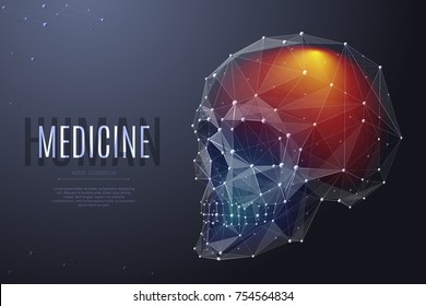 Vector isolated human skull with pain center. Headache Low poly wireframe and points. Polygonal white brainpan on dark background. Medicine concept with geometry triangle. Abstract mash line origami