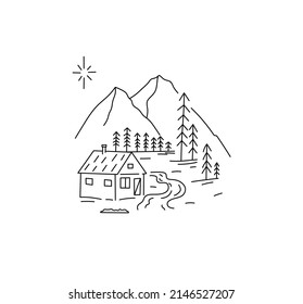 Vector isolated hut by the river in the mountains colorless black and white contour line doodle drawing