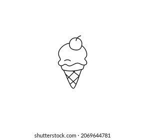 Vector aislado bola de helado con cereza en un símbolo de logotipo de línea de cono de waffle. Dibujo minúsculo gráfico de helados de línea negra incoloro 