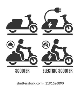 Vector isolated ICE and electric scooter icon set. Motorcycle with rider silhouette pictogram and motorbike no human sign.