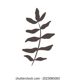 Vector isolated icon of black twig with leaves. Doodle decor element.