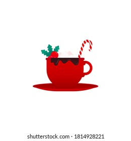 Vector isolated icon Christmas hot chocolate mug Cocoa with marshmallows and candy cane in red cup with plate
