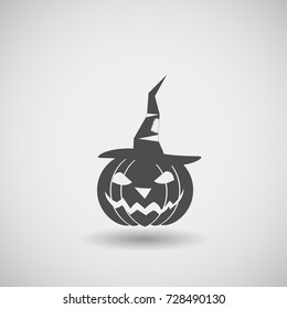 Vector isolated icon of dark gray halloween pumpkin in a witches hat in flat with shadow.