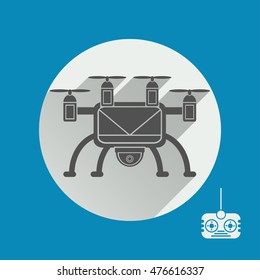 Vector isolated icon of drone silhouette with remote control on the blue background.