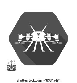 Vector isolated icon of drone silhouette with shadow in hexagon and remote control on the gray background in flat design.