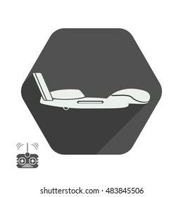 Vector isolated icon of drone silhouette with shadow and remote control in hexagon on the gray background in flat design.