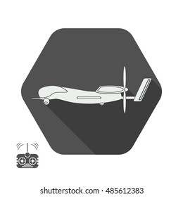 Vector isolated icon of drone silhouette with shadow in hexagon on the gray background in flat style and remote control.