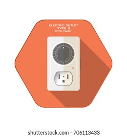 Vector isolated icon of electric outlet type B with mechanic round dark gray timer on the red hexagon background with shadow for use in USA and Canada.