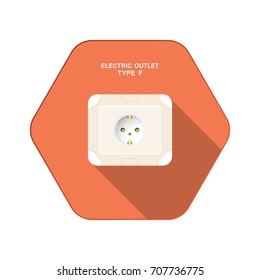 Vector isolated icon of electric outlet type F on the red hexagon background with shadow for use in Europe.