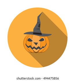 Vector isolated icon of halloween pumpkin in a witches hat in flat with shadow.