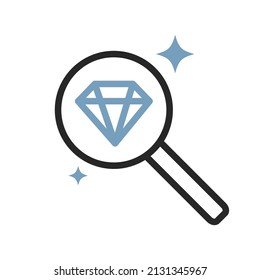 Vector isolated icon illustration of a blue gem and stars in a black magnifying glass on a white background. Jevelry minimal symbol