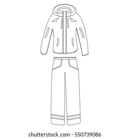 Vector isolated icon illustration of ski cloths jacket and trousers in outline design on white
