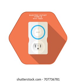 Vector isolated icon of light gray timer with outlet type B and mechanical blue ring switch on the red hexagon background with shadow for use in USA and Canada.
