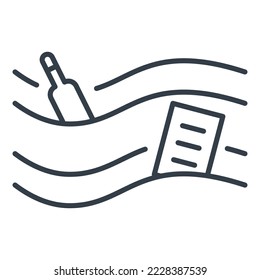 Vector isolated icon of polluted water.  Waste, bottles and paper among the waves.