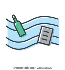 Vector isolated icon of polluted water.  Waste, bottles and paper among the waves.