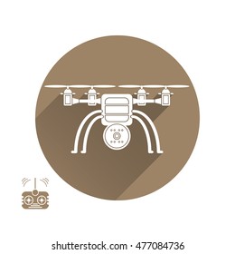 Vector isolated icon of quadrocopter with shadow and remote control on the brown background.