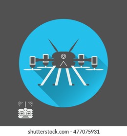 Vector isolated icon of quadrocopter silhouette with shadow and remote control on the gray and blue background.