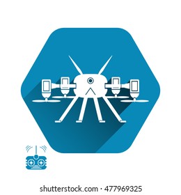 Vector isolated icon of quadrocopter silhouette with shadow and remote control on the white and blue background.