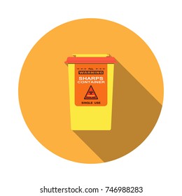 Vector isolated icon of sharps container with hinged lid and sticker with biohazard sign on the orange background with shadow.