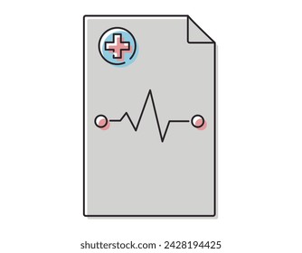 Vector isolated icon of sheet of paper, medical document with cardiogram symbol. Hospital report, doctor treatment prescription.