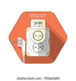 Vector isolated icon of white electric socket type F with digital timer and LCD insert in outlet on the red hexagon background with shadow for use in Europe.