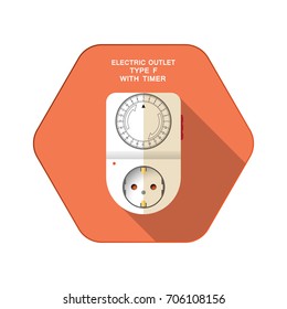 Vector isolated icon of white electric socket type F with mechanic round timer on the red hexagon background with shadow for use in Europe.