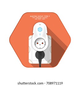 Vector isolated icon of white electric socket type F with insert timer with wireless control and plug on the red hexagon background with shadow for use in Europe.