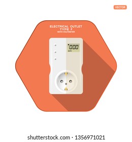 Vector isolated icon of white electrical socket type F with digital voltmeter, three buttons on the red hexagon background with shadow for use in Europe.