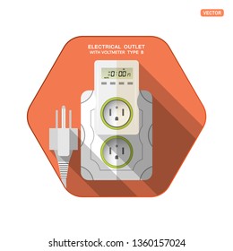 Vector isolated icon of white electrical socket type B with digital timer and LCD screen insert in outlet, electrical plug on the red hexagon background with shadow for use in USA, Canada, Mexico.