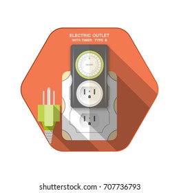 Vector isolated icons of green electric plug type B, dark gray timer with outlet and mechanical green ring switch insert in socket on the red hexagon background with shadow for use in USA and Canada.