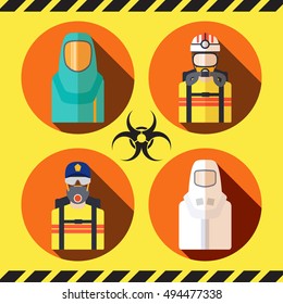 Vector isolated icons set of biohazard protective suits.